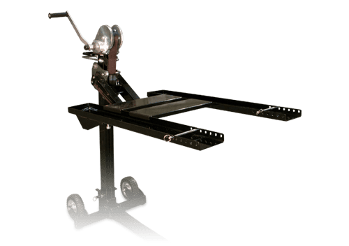 mojack workbench th Black MoJack PRO lawn tractor lift on a white background, designed for professional service and maintenance.